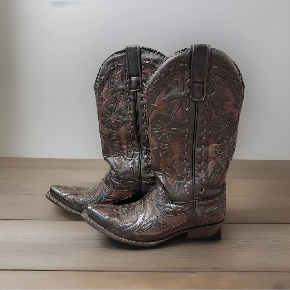 Stunning Lane Womens Cowboy Boots 8 Black Leather Brown Inlay Western